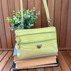 Brighton Lime Green Leather Crossbody Bag Multi Zip Purse w Floral Heart Detail